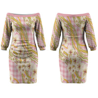 Akala Hamele Palaka Plumeria Couples Matching Off The Shoulder Long Sleeve Dress and Long Sleeve Button Shirt Puakenikeni and Maile Lei LT9 - Polynesian Pride