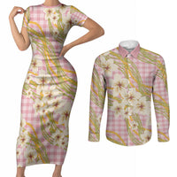 Akala Hamele Palaka Plumeria Couples Matching Short Sleeve Bodycon Dress and Long Sleeve Button Shirt Puakenikeni and Maile Lei LT9 Dusty Rose - Polynesian Pride