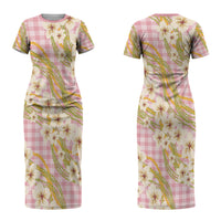 Akala Hamele Palaka Plumeria Couples Matching Short Sleeve Bodycon Dress and Long Sleeve Button Shirt Puakenikeni and Maile Lei LT9 - Polynesian Pride