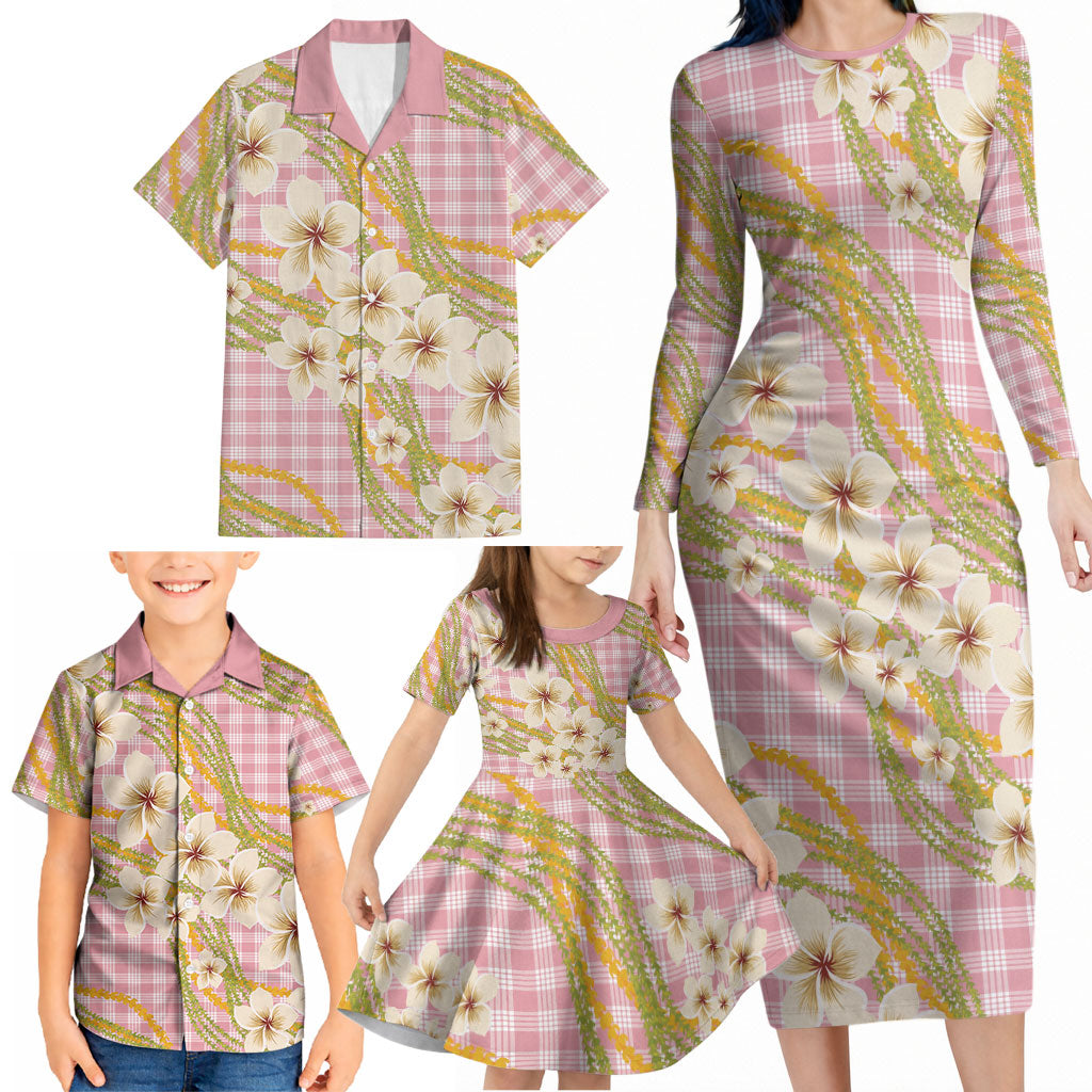 Akala Hamele Palaka Plumeria Family Matching Long Sleeve Bodycon Dress and Hawaiian Shirt Puakenikeni and Maile Lei LT9 - Polynesian Pride
