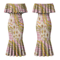 Akala Hamele Palaka Plumeria Family Matching Mermaid Dress and Hawaiian Shirt Puakenikeni and Maile Lei LT9 Mom's Dress Dusty Rose - Polynesian Pride
