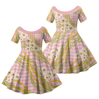 Akala Hamele Palaka Plumeria Family Matching Mermaid Dress and Hawaiian Shirt Puakenikeni and Maile Lei LT9 Daughter's Dress Dusty Rose - Polynesian Pride