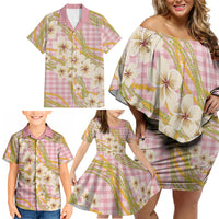 Akala Hamele Palaka Plumeria Family Matching Off Shoulder Short Dress and Hawaiian Shirt Puakenikeni and Maile Lei LT9 - Polynesian Pride