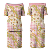 Akala Hamele Palaka Plumeria Family Matching Puletasi and Hawaiian Shirt Puakenikeni and Maile Lei LT9 Mom's Dress Dusty Rose - Polynesian Pride