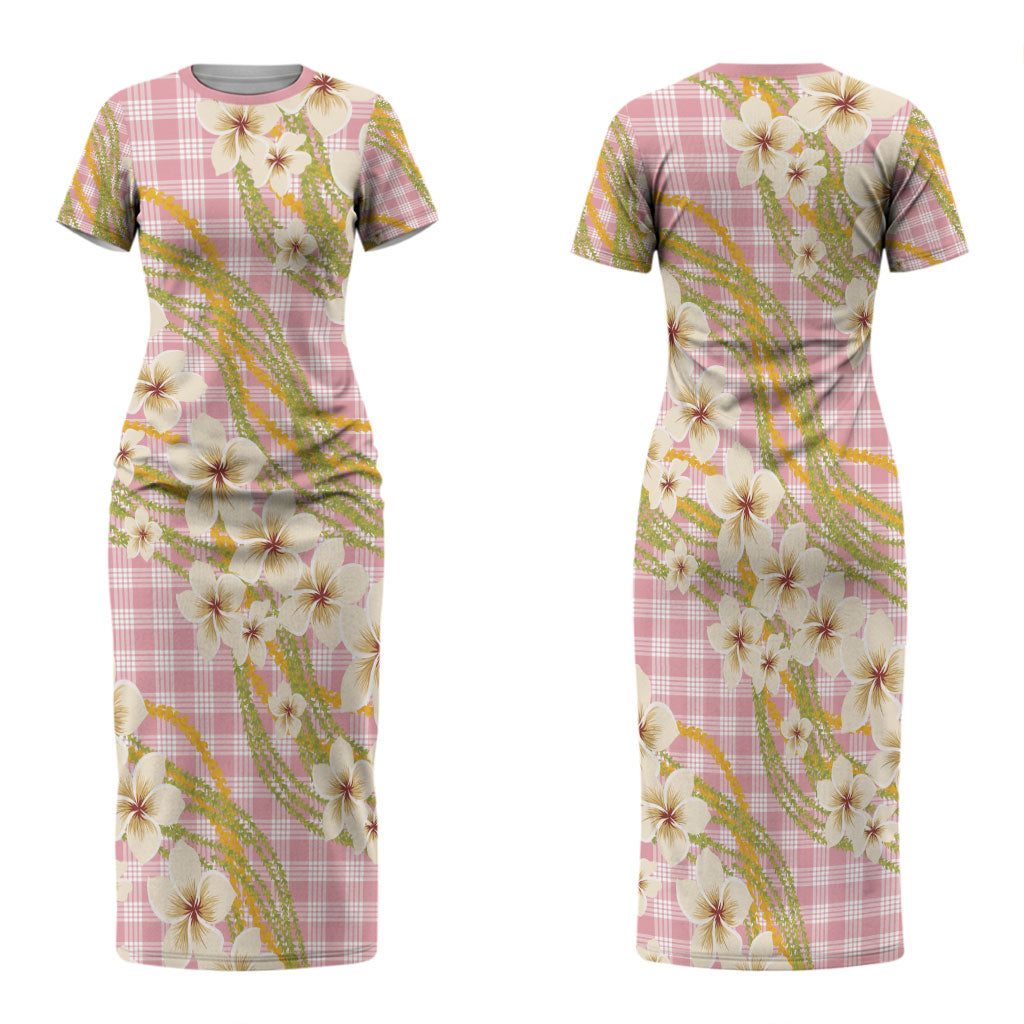 Akala Hamele Palaka Plumeria Family Matching Short Sleeve Bodycon Dress and Hawaiian Shirt Puakenikeni and Maile Lei