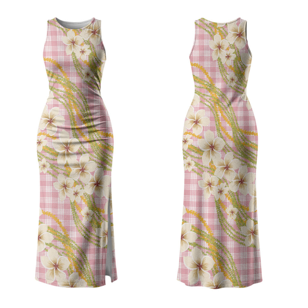 Akala Hamele Palaka Plumeria Family Matching Tank Maxi Dress and Hawaiian Shirt Puakenikeni and Maile Lei LT9 Mom's Dress Dusty Rose - Polynesian Pride