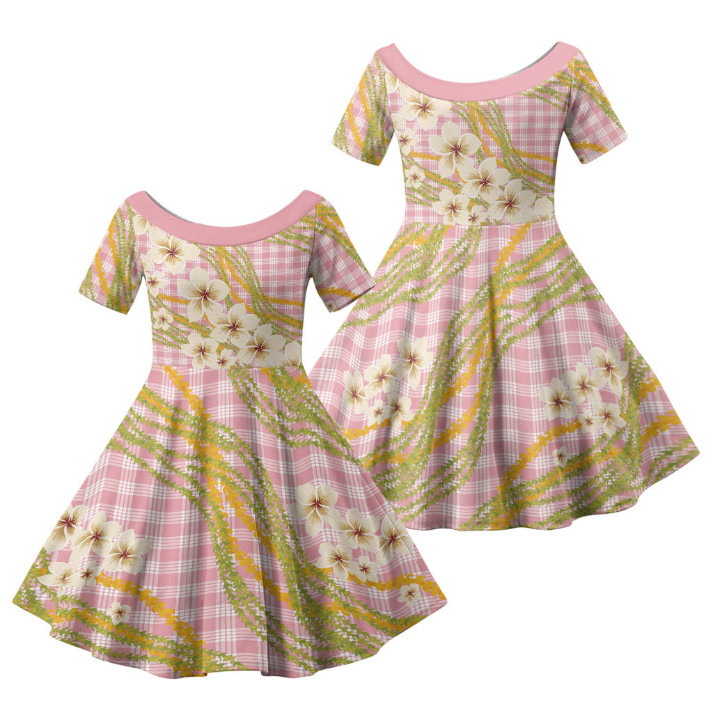 Akala Hamele Palaka Plumeria Family Matching Tank Maxi Dress and Hawaiian Shirt Puakenikeni and Maile Lei LT9 Daughter's Dress Dusty Rose - Polynesian Pride