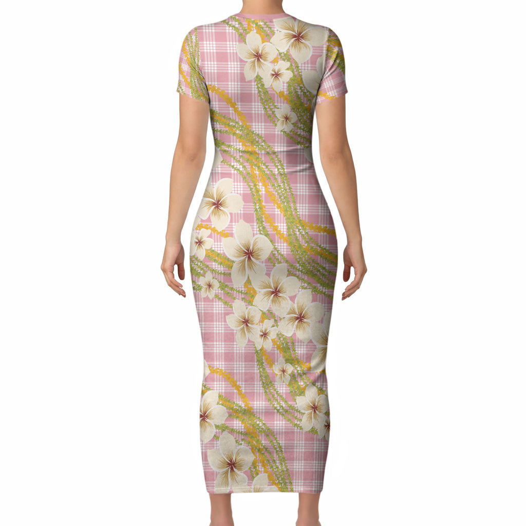 Akala Hamele Palaka Plumeria Short Sleeve Bodycon Dress Puakenikeni and Maile Lei