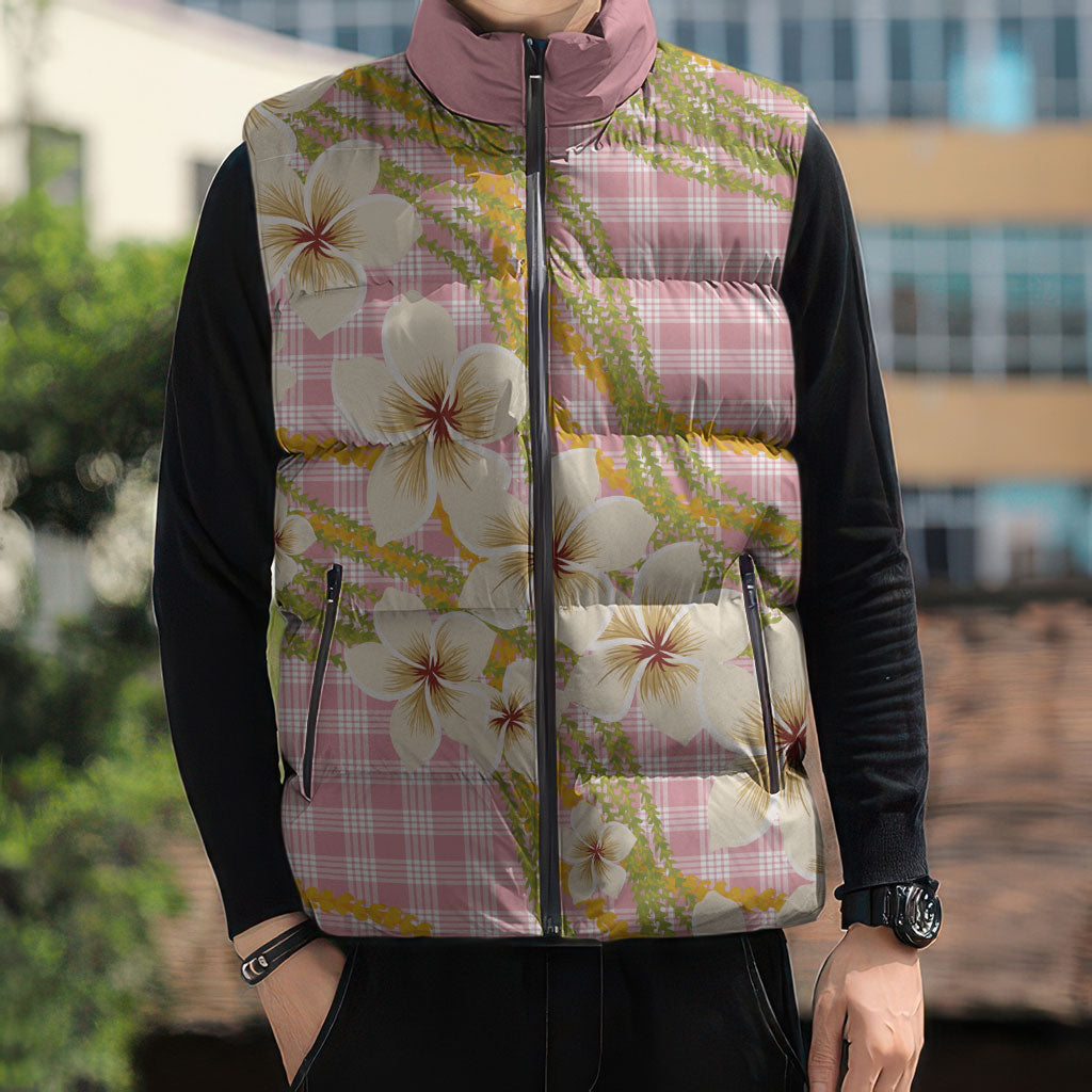 Akala Hamele Palaka Plumeria Sleeveless Puffer Jacket Puakenikeni and Maile Lei
