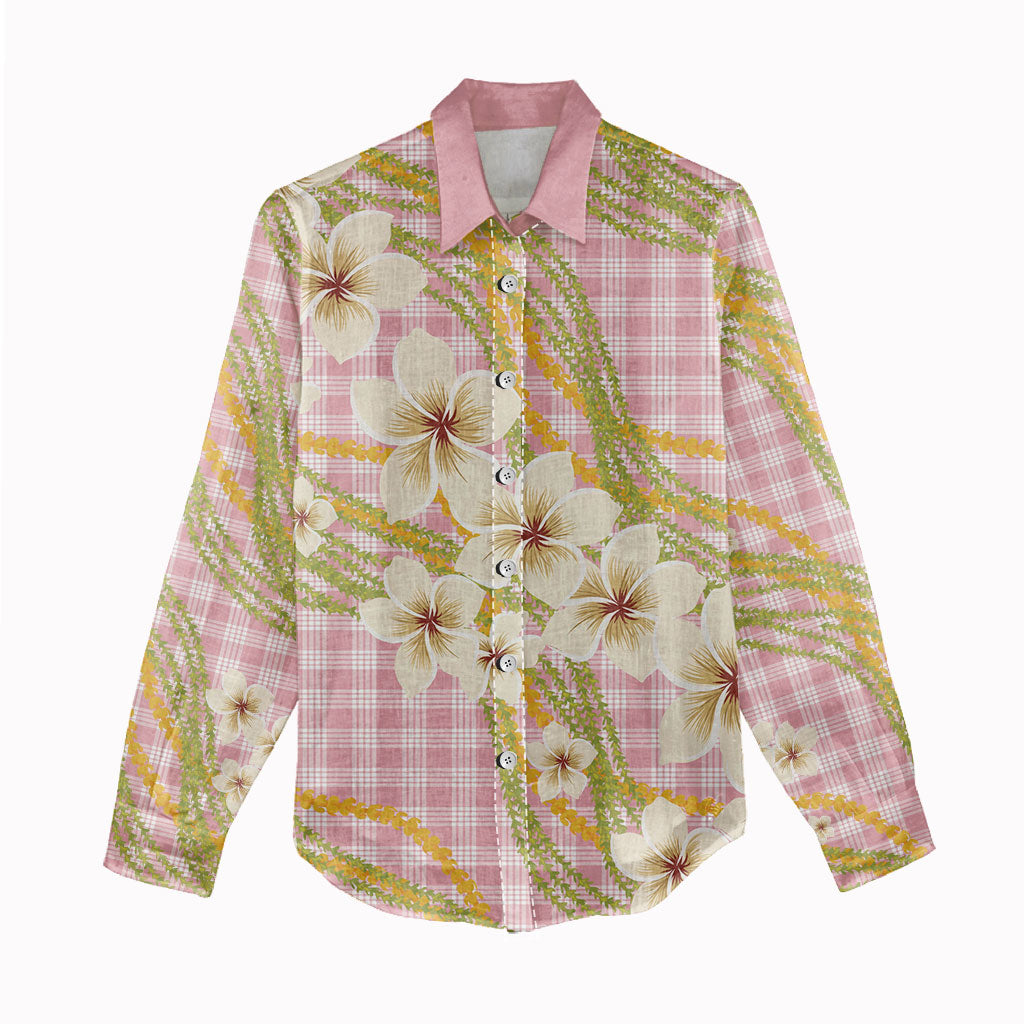 Akala Hamele Palaka Plumeria Women Casual Shirt Puakenikeni and Maile Lei LT9 - Polynesian Pride