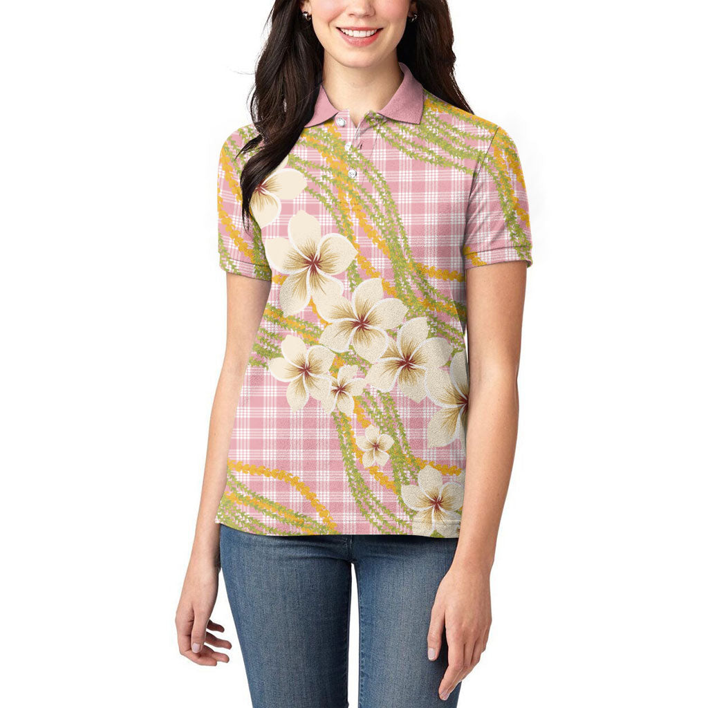 Akala Hamele Palaka Plumeria Women Polo Shirt Puakenikeni and Maile Lei LT9 - Polynesian Pride