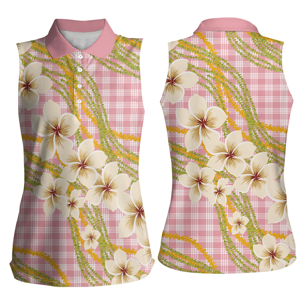 Akala Hamele Palaka Plumeria Women Sleeveless Polo Shirt Puakenikeni and Maile Lei LT9 - Polynesian Pride