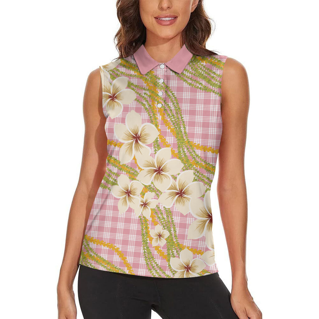 Akala Hamele Palaka Plumeria Women Sleeveless Polo Shirt Puakenikeni and Maile Lei LT9 - Polynesian Pride