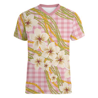 Akala Hamele Palaka Plumeria Women V-Neck T-Shirt Puakenikeni and Maile Lei LT9 Female Dusty Rose - Polynesian Pride
