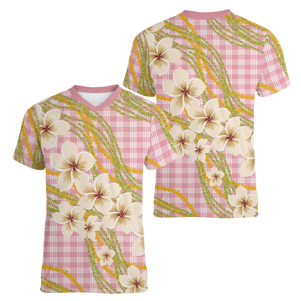 Akala Hamele Palaka Plumeria Women V-Neck T-Shirt Puakenikeni and Maile Lei LT9 - Polynesian Pride