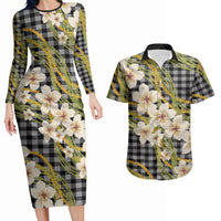 Ele'ele Hawai'i Palaka Plumeria Couples Matching Long Sleeve Bodycon Dress and Hawaiian Shirt Puakenikeni and Maile Lei LT9 Black - Polynesian Pride