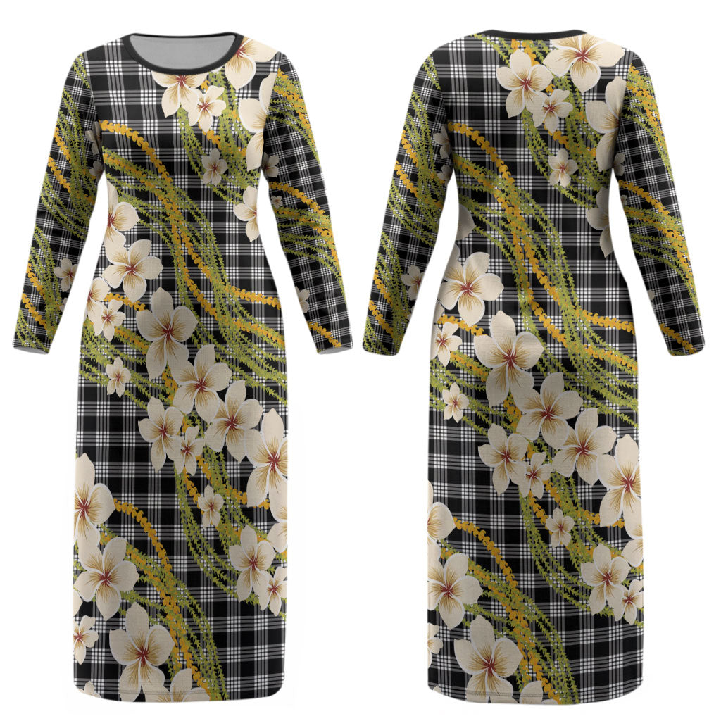 Ele'ele Hawai'i Palaka Plumeria Couples Matching Long Sleeve Bodycon Dress and Hawaiian Shirt Puakenikeni and Maile Lei LT9 - Polynesian Pride