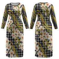 Ele'ele Hawai'i Palaka Plumeria Couples Matching Long Sleeve Bodycon Dress and Hawaiian Shirt Puakenikeni and Maile Lei LT9 - Polynesian Pride