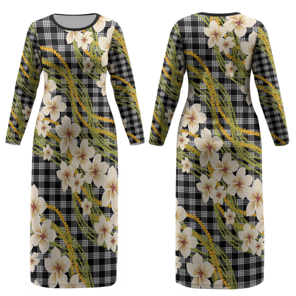 Ele'ele Hawai'i Palaka Plumeria Couples Matching Long Sleeve Bodycon Dress and Long Sleeve Button Shirt Puakenikeni and Maile Lei LT9 - Polynesian Pride
