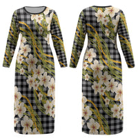 Ele'ele Hawai'i Palaka Plumeria Couples Matching Long Sleeve Bodycon Dress and Long Sleeve Button Shirt Puakenikeni and Maile Lei LT9 - Polynesian Pride