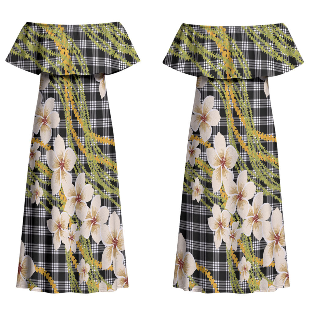 Ele'ele Hawai'i Palaka Plumeria Couples Matching Off Shoulder Maxi Dress and Hawaiian Shirt Puakenikeni and Maile Lei LT9 - Polynesian Pride