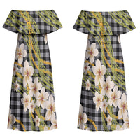 Ele'ele Hawai'i Palaka Plumeria Couples Matching Off Shoulder Maxi Dress and Hawaiian Shirt Puakenikeni and Maile Lei LT9 - Polynesian Pride