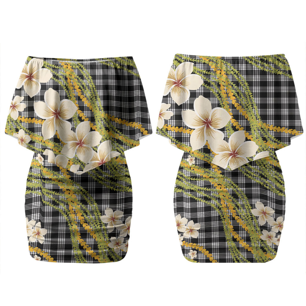 Ele'ele Hawai'i Palaka Plumeria Couples Matching Off Shoulder Short Dress and Hawaiian Shirt Puakenikeni and Maile Lei LT9 - Polynesian Pride