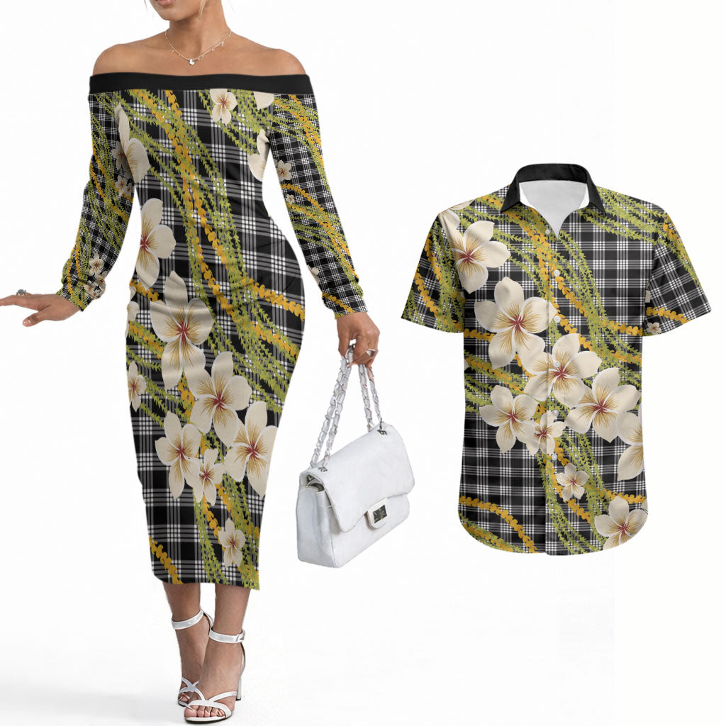 Ele'ele Hawai'i Palaka Plumeria Couples Matching Off The Shoulder Long Sleeve Dress and Hawaiian Shirt Puakenikeni and Maile Lei LT9 Black - Polynesian Pride