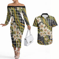 Ele'ele Hawai'i Palaka Plumeria Couples Matching Off The Shoulder Long Sleeve Dress and Hawaiian Shirt Puakenikeni and Maile Lei LT9 Black - Polynesian Pride