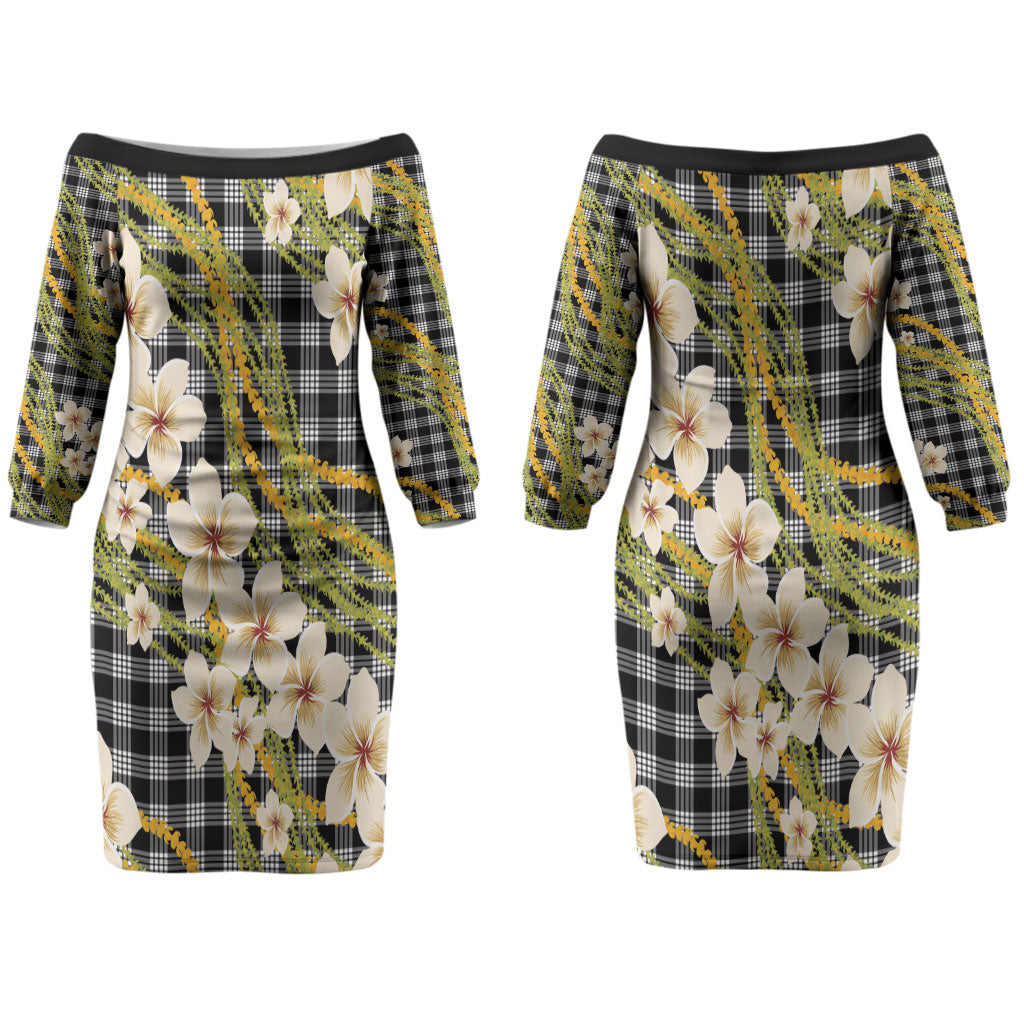 Ele'ele Hawai'i Palaka Plumeria Couples Matching Off The Shoulder Long Sleeve Dress and Hawaiian Shirt Puakenikeni and Maile Lei LT9 - Polynesian Pride