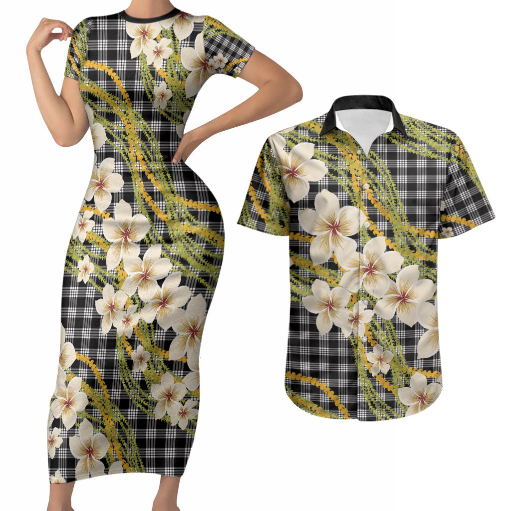 Ele'ele Hawai'i Palaka Plumeria Couples Matching Short Sleeve Bodycon Dress and Hawaiian Shirt Puakenikeni and Maile Lei LT9 Black - Polynesian Pride