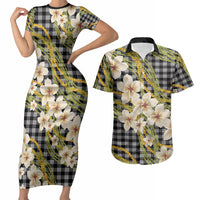 Ele'ele Hawai'i Palaka Plumeria Couples Matching Short Sleeve Bodycon Dress and Hawaiian Shirt Puakenikeni and Maile Lei LT9 Black - Polynesian Pride