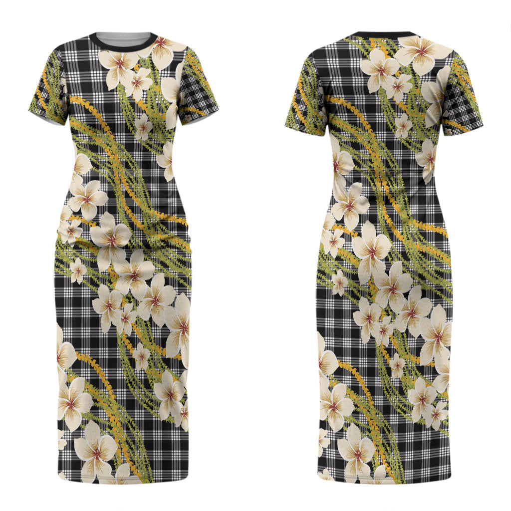 Ele'ele Hawai'i Palaka Plumeria Couples Matching Short Sleeve Bodycon Dress and Hawaiian Shirt Puakenikeni and Maile Lei LT9 - Polynesian Pride