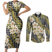 Ele'ele Hawai'i Palaka Plumeria Couples Matching Short Sleeve Bodycon Dress and Long Sleeve Button Shirt Puakenikeni and Maile Lei LT9 Black - Polynesian Pride