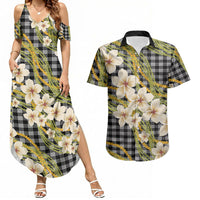 Ele'ele Hawai'i Palaka Plumeria Couples Matching Summer Maxi Dress and Hawaiian Shirt Puakenikeni and Maile Lei LT9 Black - Polynesian Pride