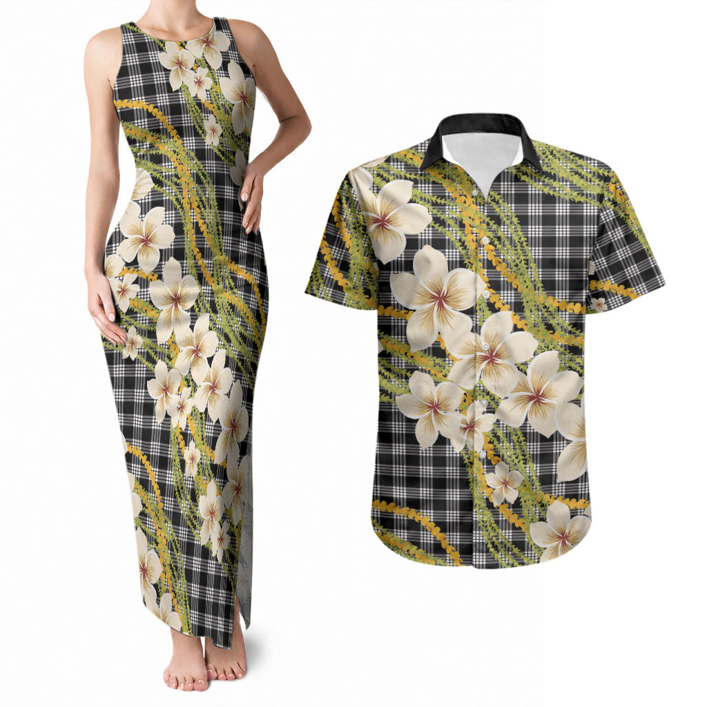 Ele'ele Hawai'i Palaka Plumeria Couples Matching Tank Maxi Dress and Hawaiian Shirt Puakenikeni and Maile Lei LT9 Black - Polynesian Pride
