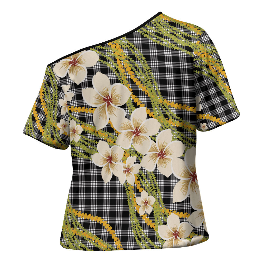 Ele'ele Hawai'i Palaka Plumeria Cross Shoulder Shirt Puakenikeni and Maile Lei