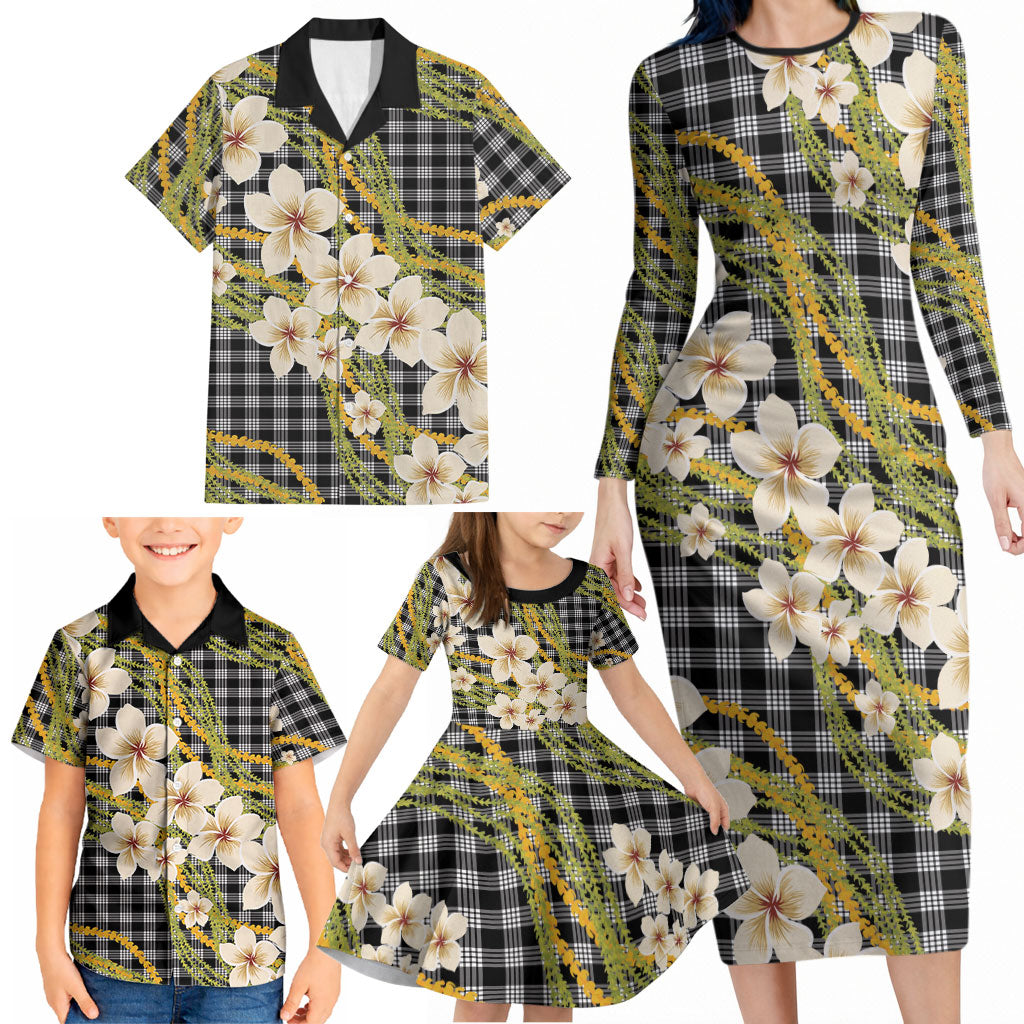 Ele'ele Hawai'i Palaka Plumeria Family Matching Long Sleeve Bodycon Dress and Hawaiian Shirt Puakenikeni and Maile Lei LT9 - Polynesian Pride