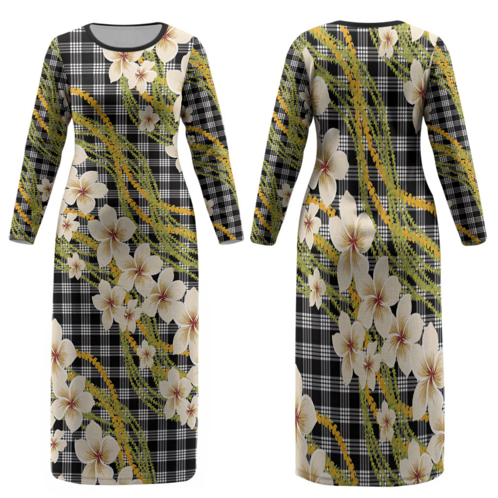 Ele'ele Hawai'i Palaka Plumeria Family Matching Long Sleeve Bodycon Dress and Hawaiian Shirt Puakenikeni and Maile Lei LT9 Mom's Dress Black - Polynesian Pride
