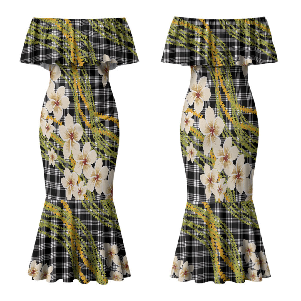 Ele'ele Hawai'i Palaka Plumeria Family Matching Mermaid Dress and Hawaiian Shirt Puakenikeni and Maile Lei LT9 Mom's Dress Black - Polynesian Pride