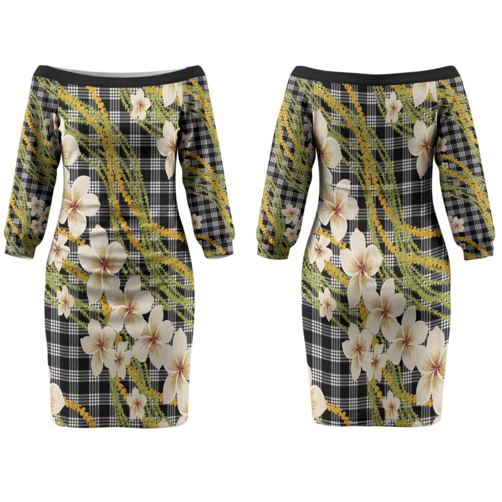 Ele'ele Hawai'i Palaka Plumeria Family Matching Off The Shoulder Long Sleeve Dress and Hawaiian Shirt Puakenikeni and Maile Lei LT9 Mom's Dress Black - Polynesian Pride