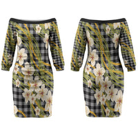 Ele'ele Hawai'i Palaka Plumeria Family Matching Off The Shoulder Long Sleeve Dress and Hawaiian Shirt Puakenikeni and Maile Lei LT9 Mom's Dress Black - Polynesian Pride