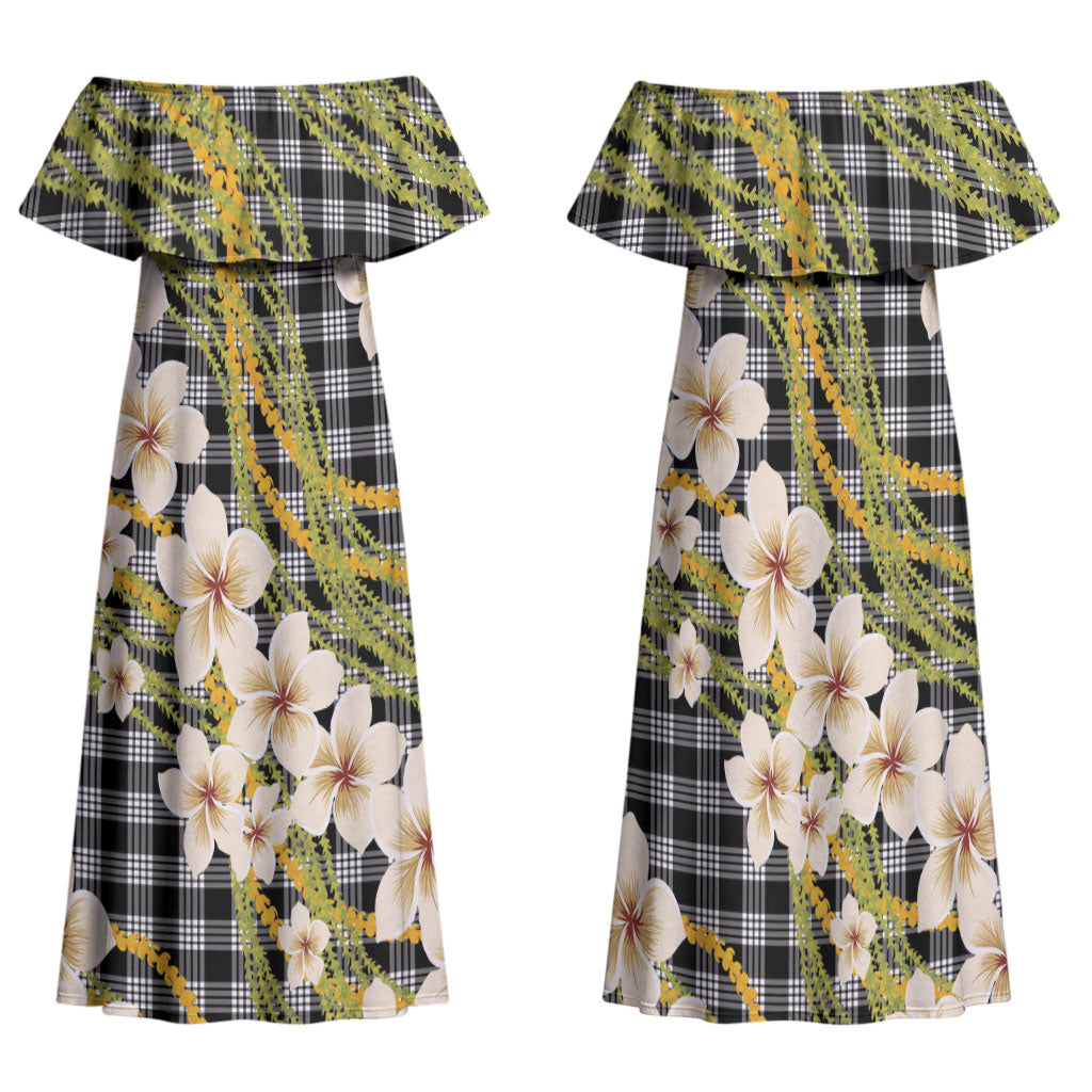 Ele'ele Hawai'i Palaka Plumeria Family Matching Off Shoulder Maxi Dress and Hawaiian Shirt Puakenikeni and Maile Lei LT9 Mom's Dress Black - Polynesian Pride