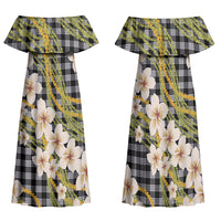 Ele'ele Hawai'i Palaka Plumeria Family Matching Off Shoulder Maxi Dress and Hawaiian Shirt Puakenikeni and Maile Lei LT9 Mom's Dress Black - Polynesian Pride