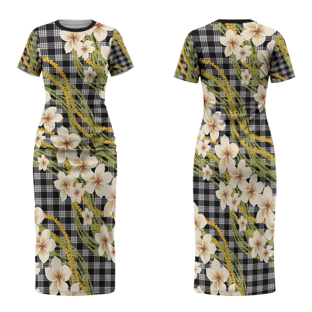 Ele'ele Hawai'i Palaka Plumeria Family Matching Short Sleeve Bodycon Dress and Hawaiian Shirt Puakenikeni and Maile Lei LT9 Mom's Dress Black - Polynesian Pride