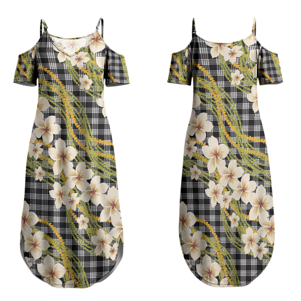 Ele'ele Hawai'i Palaka Plumeria Family Matching Summer Maxi Dress and Hawaiian Shirt Puakenikeni and Maile Lei LT9 Mom's Dress Black - Polynesian Pride