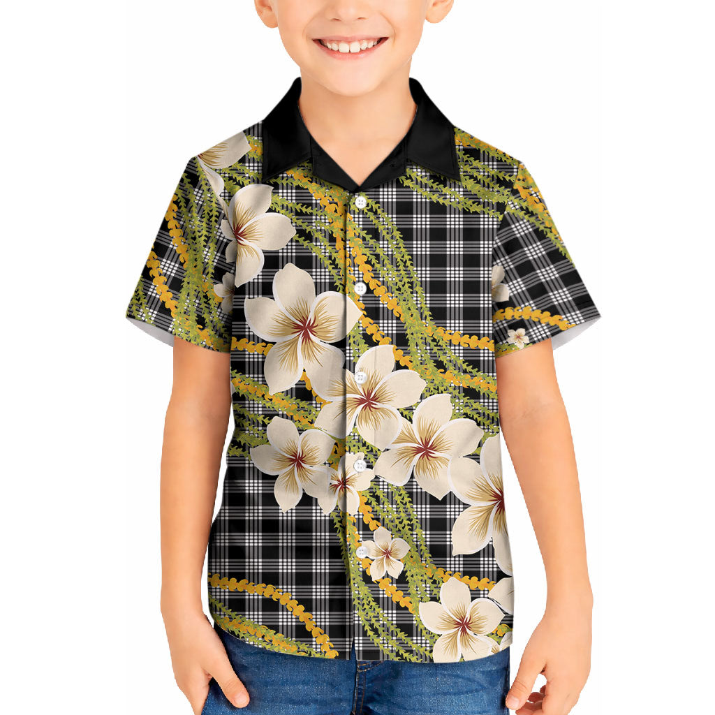 Ele'ele Hawai'i Palaka Plumeria Kid Hawaiian Shirt Puakenikeni and Maile Lei LT9 Kid Black - Polynesian Pride