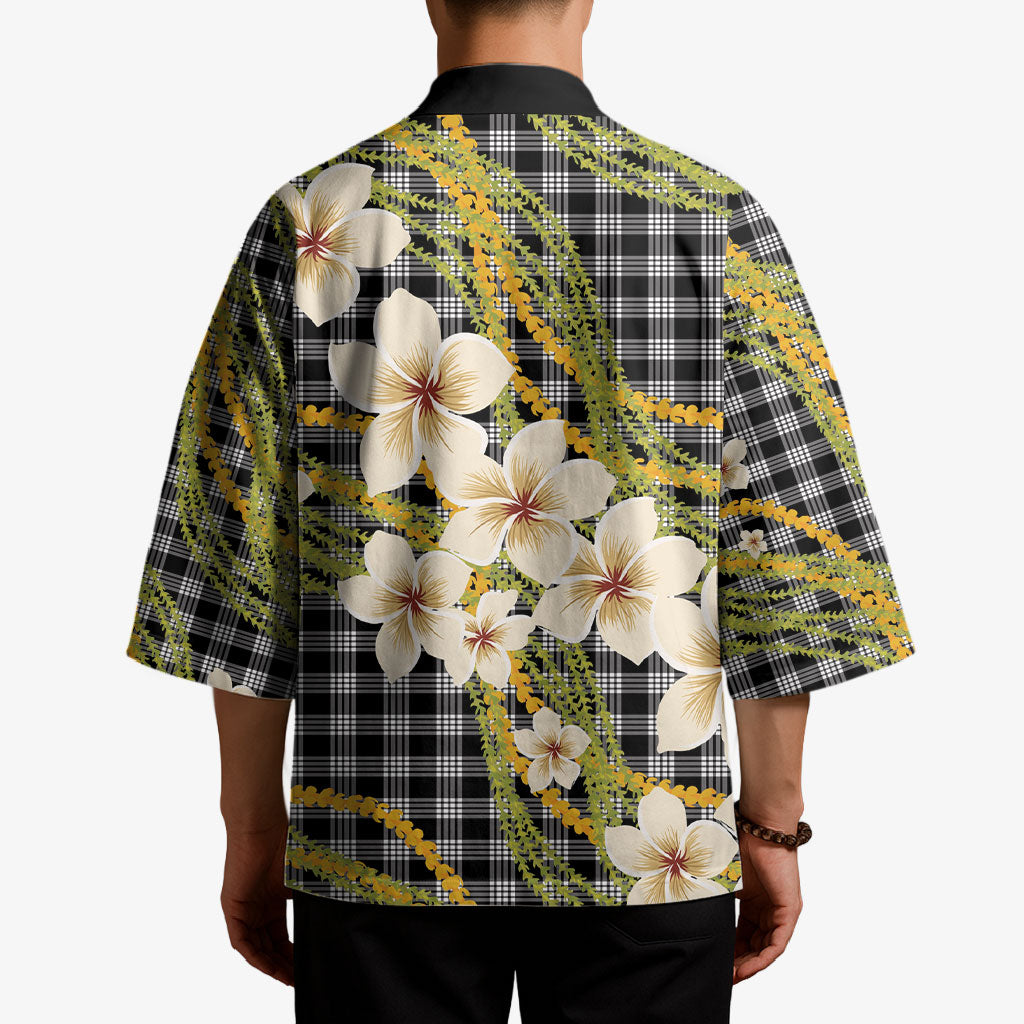 Ele'ele Hawai'i Palaka Plumeria Kimono Puakenikeni and Maile Lei