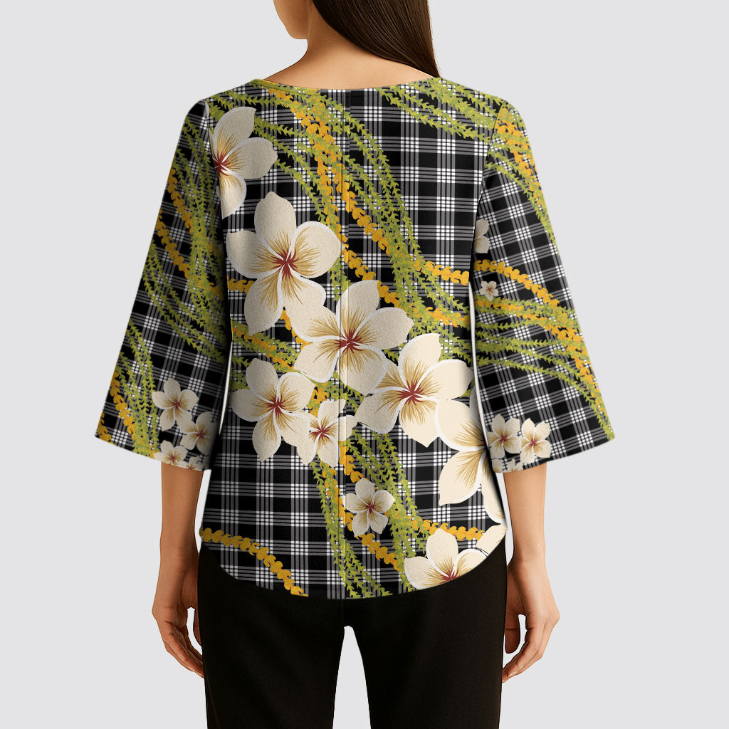 Ele'ele Hawai'i Palaka Plumeria Kimono Sleeve Blouse Puakenikeni and Maile Lei