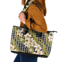 Ele'ele Hawai'i Palaka Plumeria Leather Tote Bag Puakenikeni and Maile Lei LT9 Black - Polynesian Pride